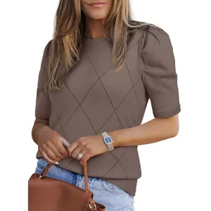 Dokotoo Women's Short Puff Sleeve Knit Tops 2026 Round Neck Sweaters Crochet Tops for Women