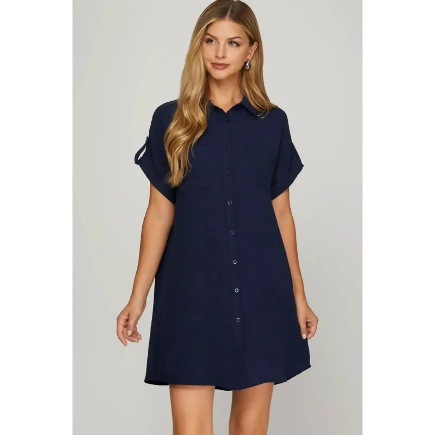 She + Sky Full Size Button Down Short Sleeve Woven Shirt Dress Plus Size