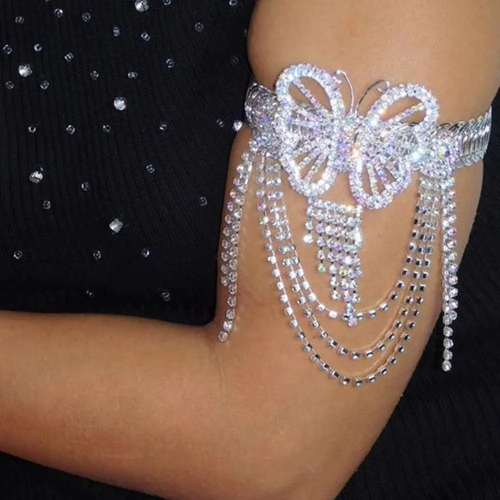 Fairy Butterfly Tassel Arm Bracelet Rhinestone Upper Arm Cuff Boho Arm Chain for Women
