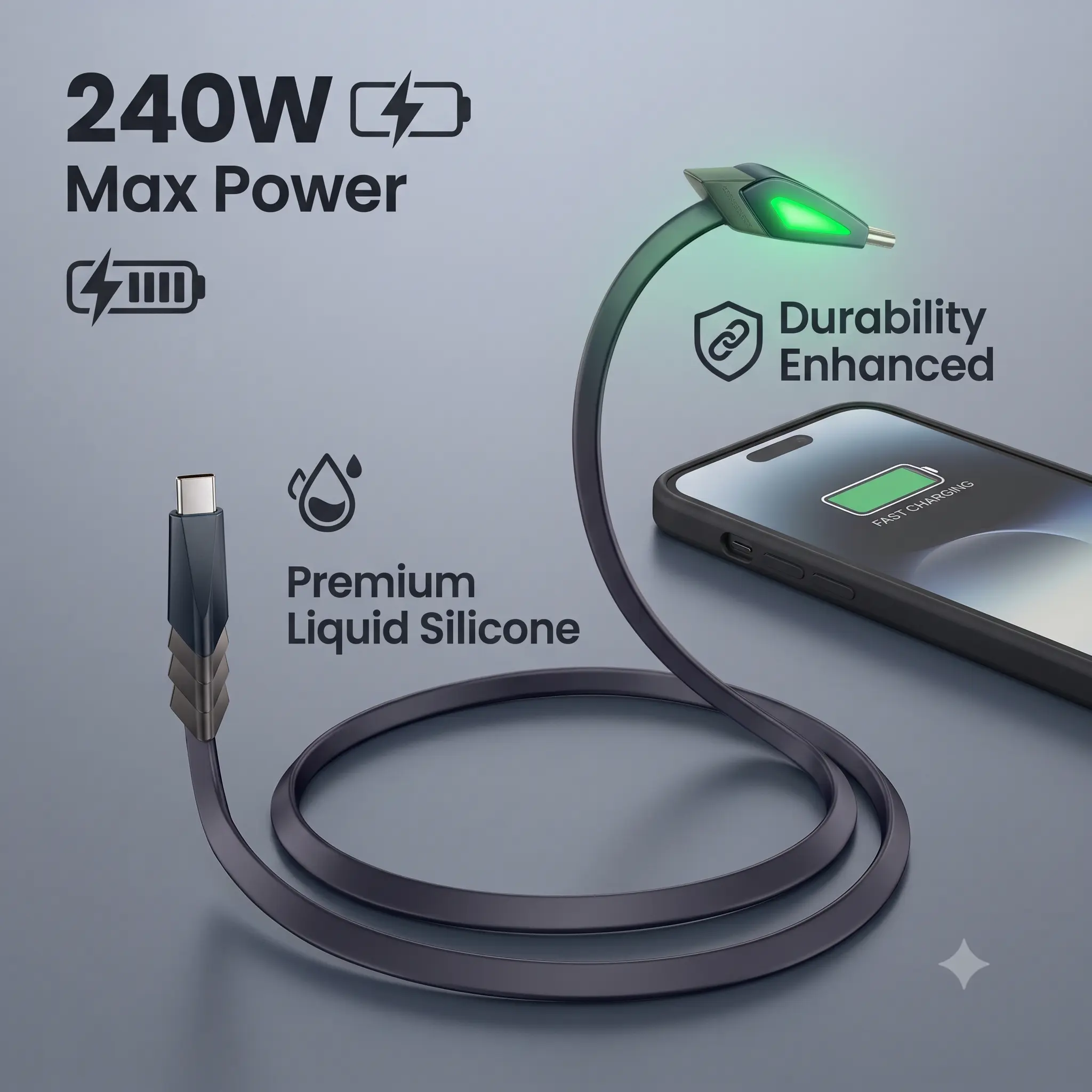 240W USB C to USB C Fast Charging Cable, Soft Liquid Silicone Type-C Charger Cord with LED Light, Tangle-Free Durable USB-C Cable for iPhone 17/16/15, iPad Pro, MacBook Pro/Air, Samsung Galaxy S26/S25, Laptop, Tablet, Power Bank, Home Office, Travel, Desk