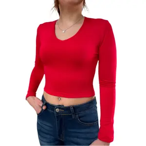 Solid V-Neck Slim Fleece Lined Top, Elegant Long Sleeve Top For Fall & Winter, Women's Clothing Comfort Fabric Soft Womenswear cute crop Medium Style
