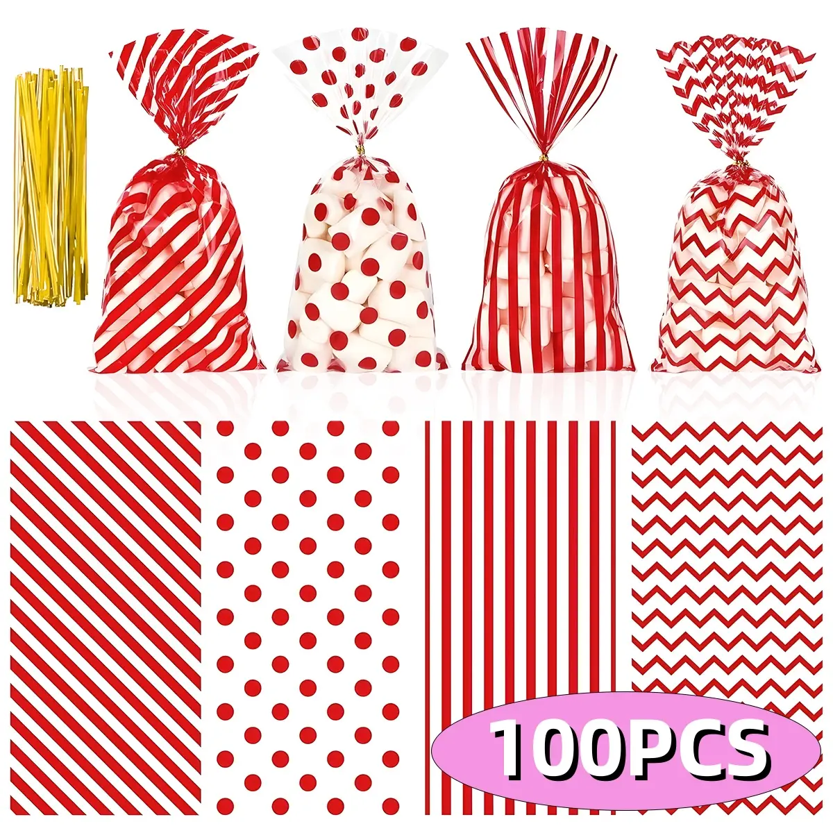 100 Pack Red Cellophane Bags 10.6 x 5.1 Inch Plastic Candy Bags Gift Bags Goodie Bags with Twist Ties for Valentine, Birthday, Gift Cookie Snack Packing Party Favor Supplies Gift Boxes