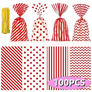 100 Pack Red Cellophane Bags 10.6 x 5.1 Inch Plastic Candy Bags Gift Bags Goodie Bags with Twist Ties for Valentine, Birthday, Gift Cookie Snack Packing Party Favor Supplies
