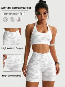 Women Camo 2 Piece Sportswear Set Compression Halter Sports Bra High Waist Stretch Biker Shorts Slim Fit Gym Yoga Workout Activewear