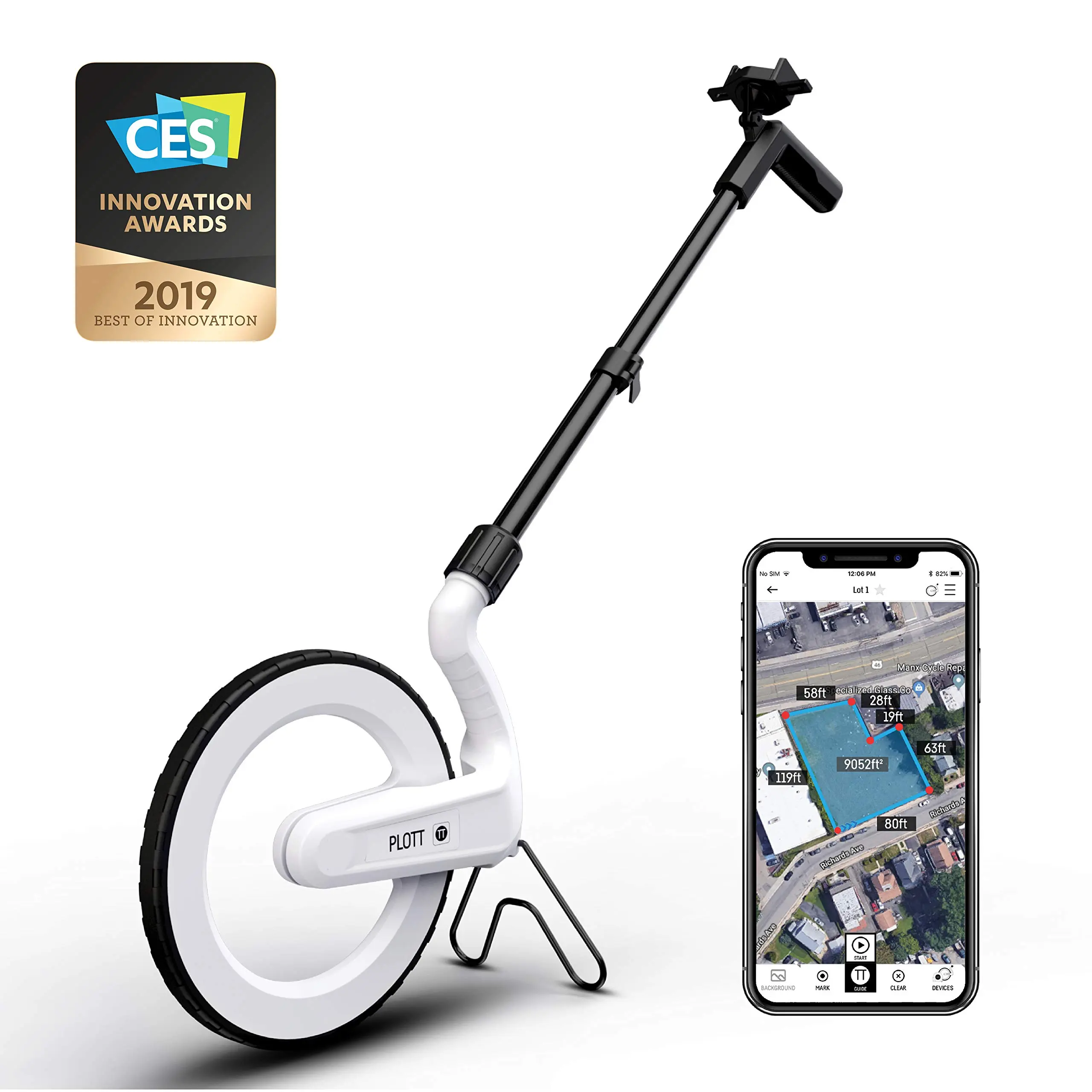 Plott Carta Digital Map-Measuring Wheel - App-Connected Construction Tool with Automatic Calculations, Feet/Yard Area Measurement, Streamline Capture, Asphalt/Concrete Use, Outdoor Lighting Compatibility, Cost Calculation, Client Collaboration