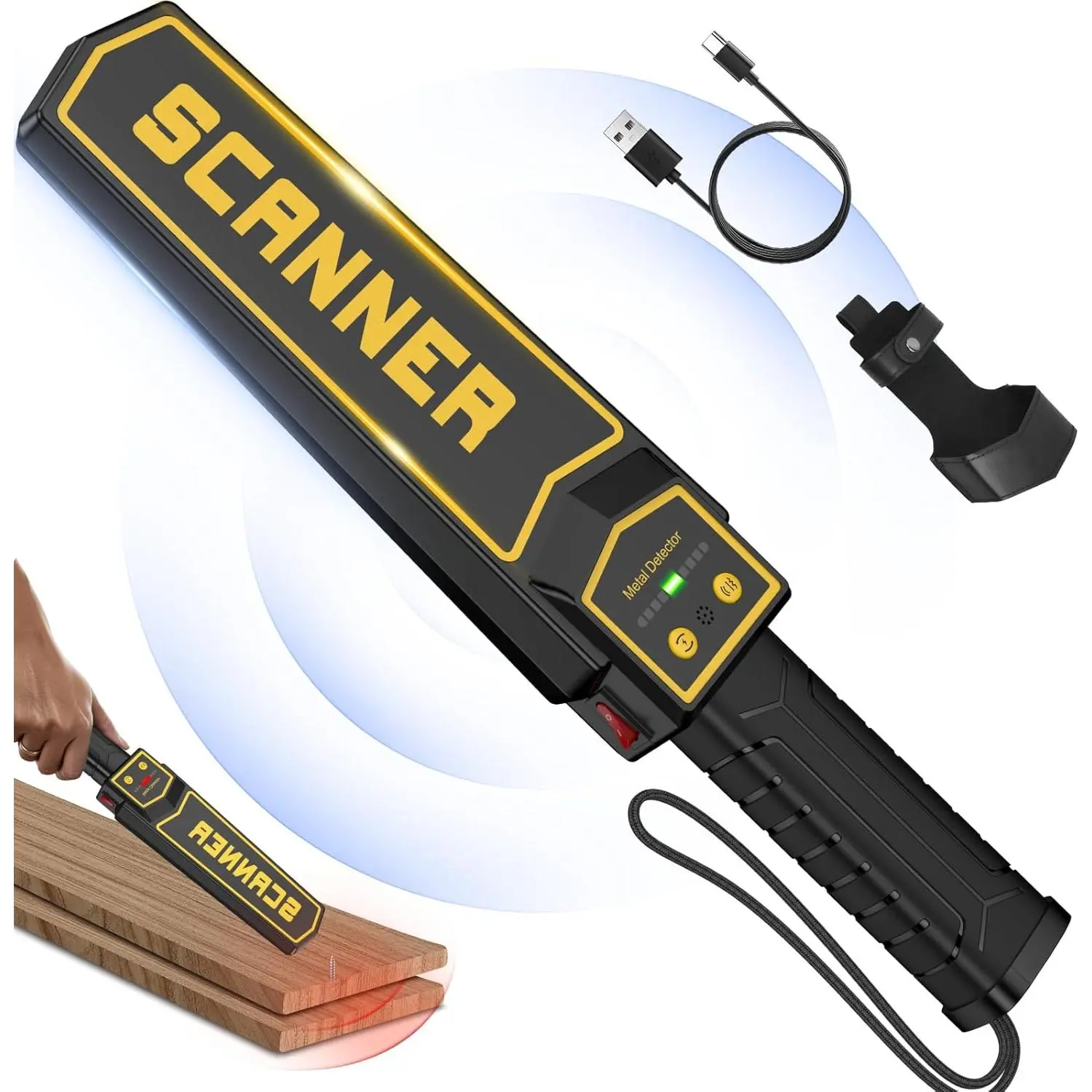 Rechargeable Handheld Metal Detector Wand, High Sensitivity Security Wand Metal Detector,Portable Nail Finder Scanner Woodworking Metal Detector for Logs Weapons Sound Vibration Alert Detects