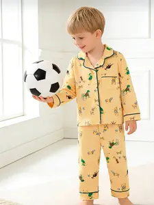 World Cup Football Dinosaur Kids Pajamas Set, Boys Open Front Soft Homewear, Cartoon Pattern, Fitted Spring & Fall Sleepwear
