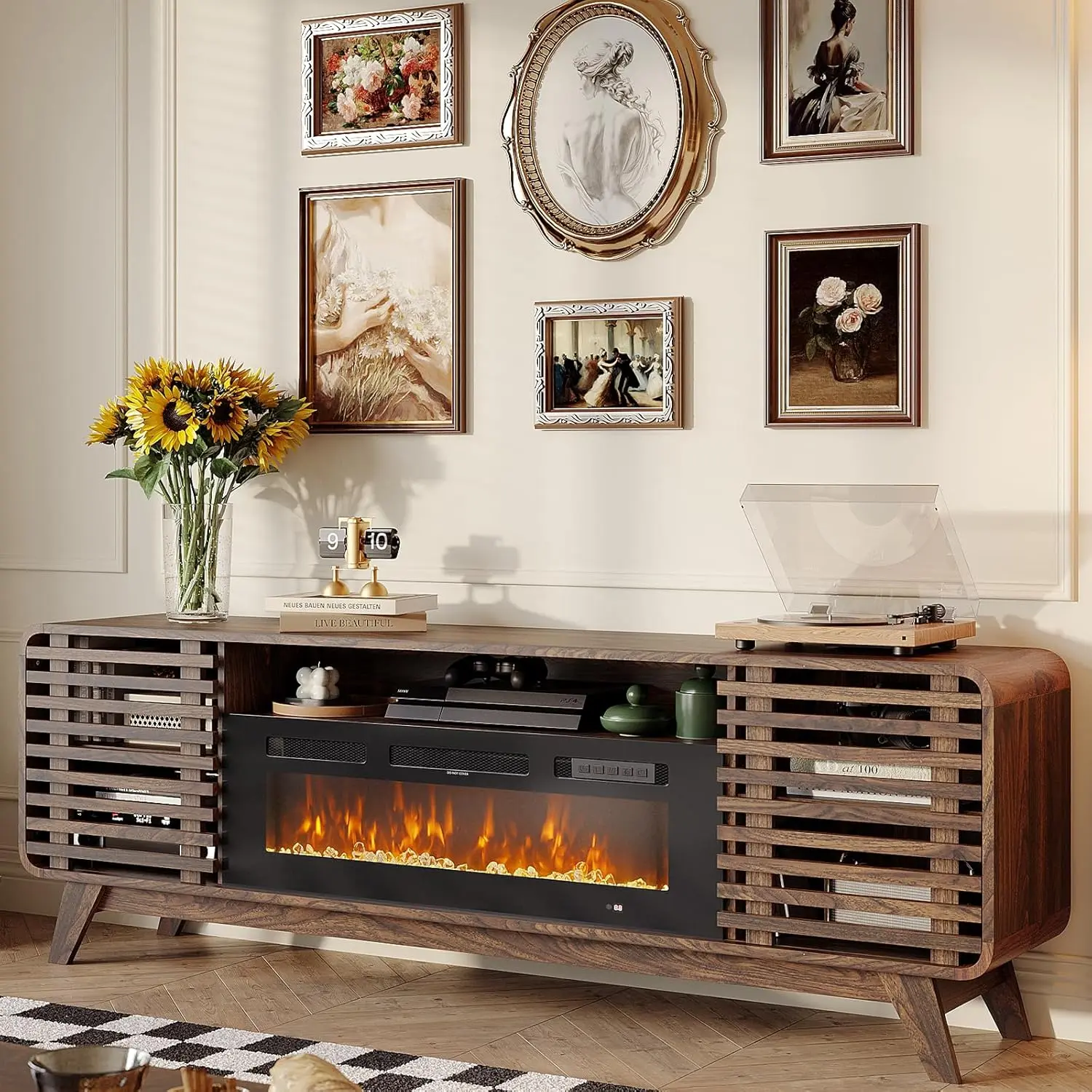 【2 Packages Shipping】Fireplace TV Stand for 80” TVs, Mid Century Modern Entertainment Center with 36" Electric Fireplace and Led Lights, Wood Media Console with Slatted Sliding Doors, for Living Room, Walnut, Tv Shelf