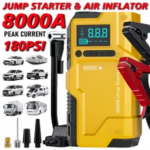 10-in-1 Wireless Car Repair Tools (including 180 PSI air compressor and 12/24V battery boost starter, 8000mAh battery pack, tire pressure monitor, flashlight, equipped with intelligent jumper connector and inflation accessories)，Intelligent jumping box.