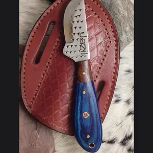Jazil Handmade Steel Hunting Knife Sheepsfoot Blue Wood Handle with Sheath