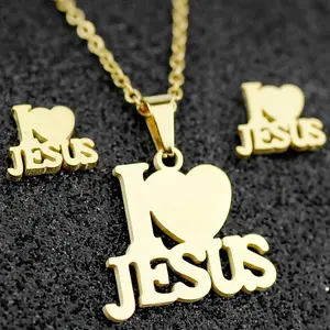 3PCS Classic Jewelry Set Vintage Stainless Steel "I Love Jesus" Heart Pendant Necklace Unisex Golden Exquisite Heart Ear Stud Minimalist Earrings Valentine's Day Gift Party Birthday Wedding Engagement Anniversary Jewelry