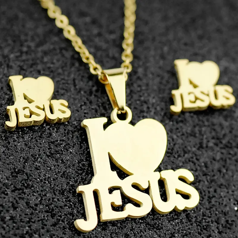 3PCS Classic Jewelry Set Vintage Stainless Steel "I Love Jesus" Heart Pendant Necklace Unisex Golden Exquisite Heart Ear Stud Minimalist Earrings Valentine's Day Gift Party Birthday Wedding Engagement Anniversary Jewelry