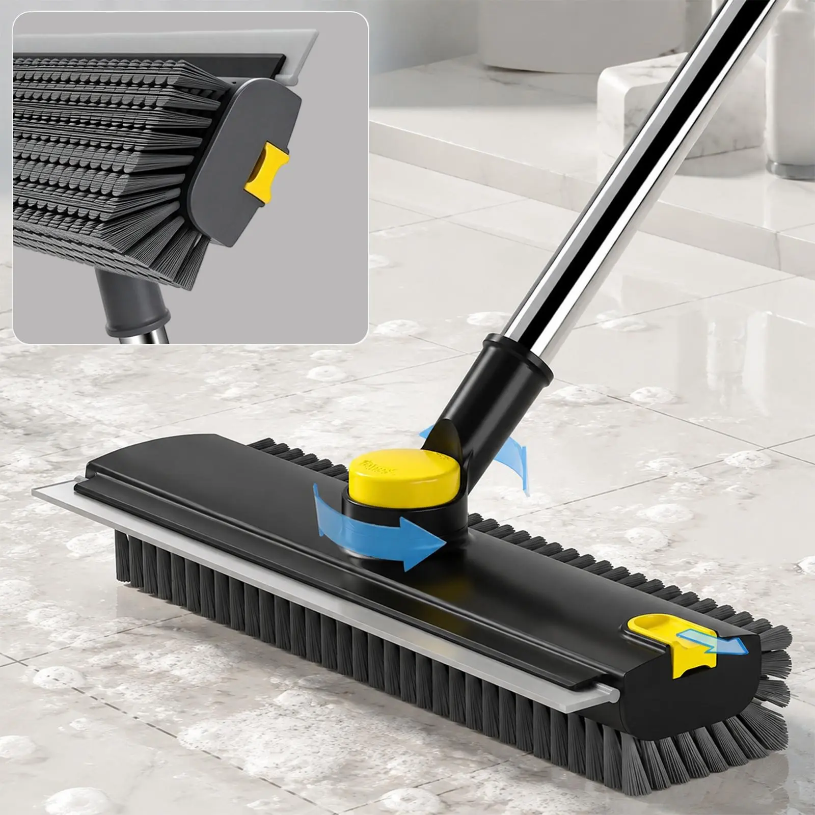 2-in-1 Multi-Task Bristle Squeegee Floor Brush, Thick Stainless Steel Adjustable Extendable Telescopic Pole with Segment Splice, Universal Rotating Head Home Cleaning Tool for Bathroom, Balcony