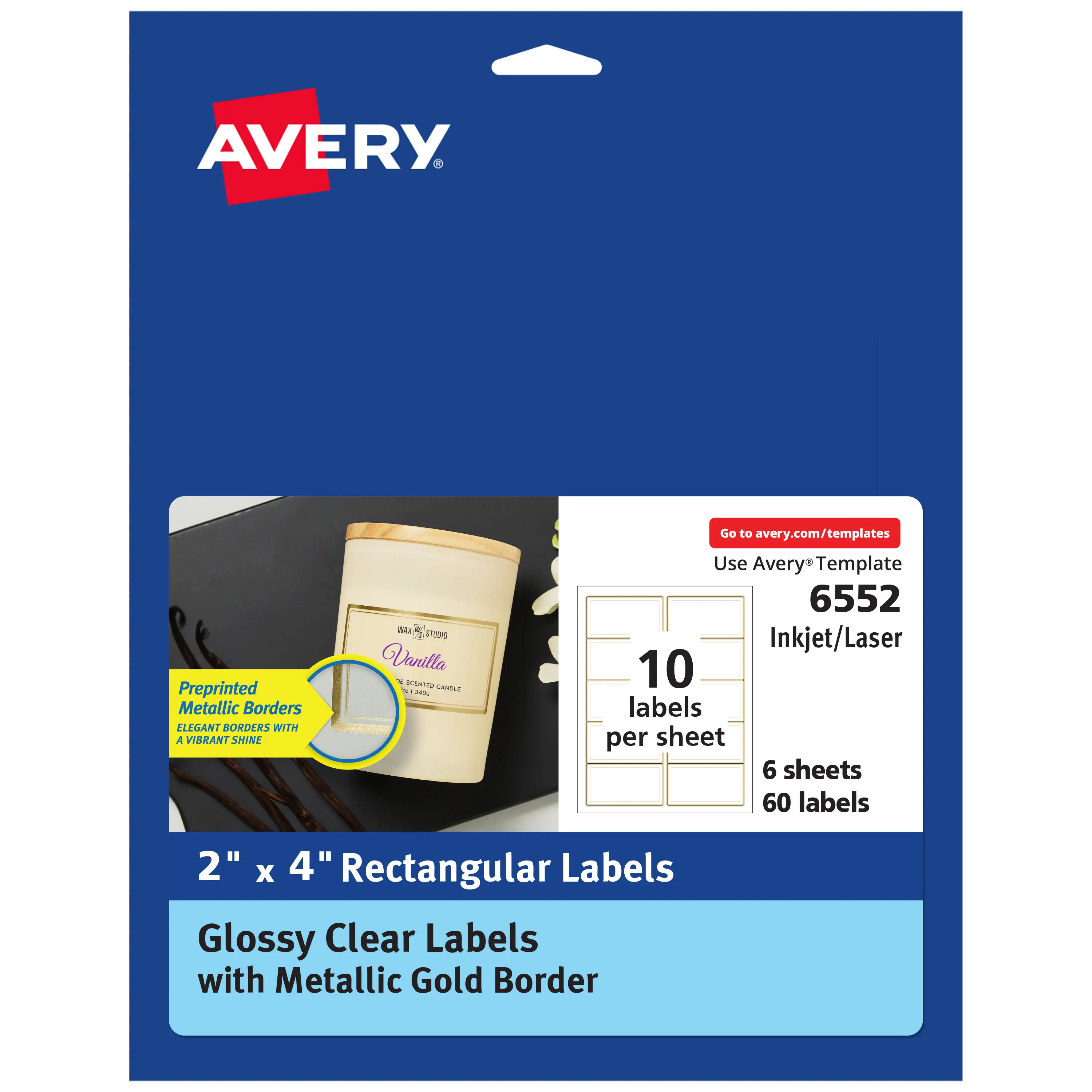 Avery Glossy Printable Labels with Metallic Gold Border, 2"x4" Rectangles for Kitchen, Permanent Adhesive, Laser & Inkjet Compatible, 60 Blank Labels (6552), Labels For Kitchen