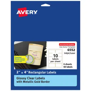 Avery Printable Glossy Clear Labels, 2" x 4" Rectangle Labels, Clear with Metallic Gold Border, Permanent Adhesive, Laser & Inkjet Compatible, 60 Blank Labels (6552)