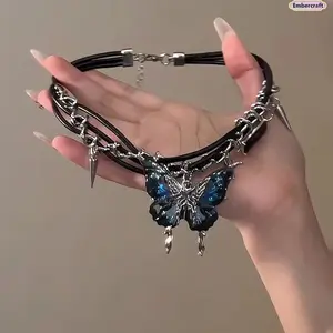 Y2K Gradient Butterfly Necklace for Women, Cute Fairycore Collarbone Chain with Colorful Pendant, Coquette Aesthetic Jewelry for Party, Festival & Everyday Outfit Styling