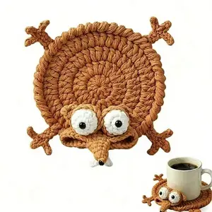 Funny Hand-Crocheted Squirrel Coaster, Cute Handmade 3D Animal Mug Rug, Novelty Knitted Cup Mat Desk Decor, Unique Whimsical Drink Coaster for Coffee & Animal Lovers (Yellow)