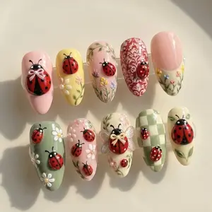 J63 Nailed by Vibe -Vintage Ladybug Garden Press-On Nails, Pastel Pink and Green Set with 3D Ladybug Charms, Floral Art and Cottagecore Spring Garden Handmade Nail Set, Handmade Nail Set, Gift For Her