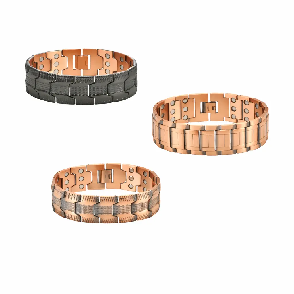 Rugged Men's Solid Copper Bracelet 99.99% Pure Triple Row 3500 Gauss Magnets Heavy Duty Hypoallergenic Tire Tread Design Father's Day Gift for Dad Husband Anniversary Box Included Sizing Tool