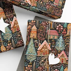 Christmas Gingerbread Gift Wrap, Embroidery Style Christmas Village Design, Christmas Wrapping Paper, Holiday Gift Wrap, GFTMT48