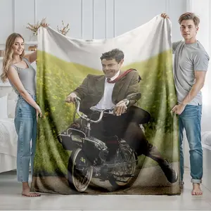 1 piece A young man wearing a suit riding a vintage moped. themed flannel blanket - Modern-style all-season flannel blanket, suitable for sofas and beds, super soft and comfortable, digital print design, 100% polyester material, machine washable