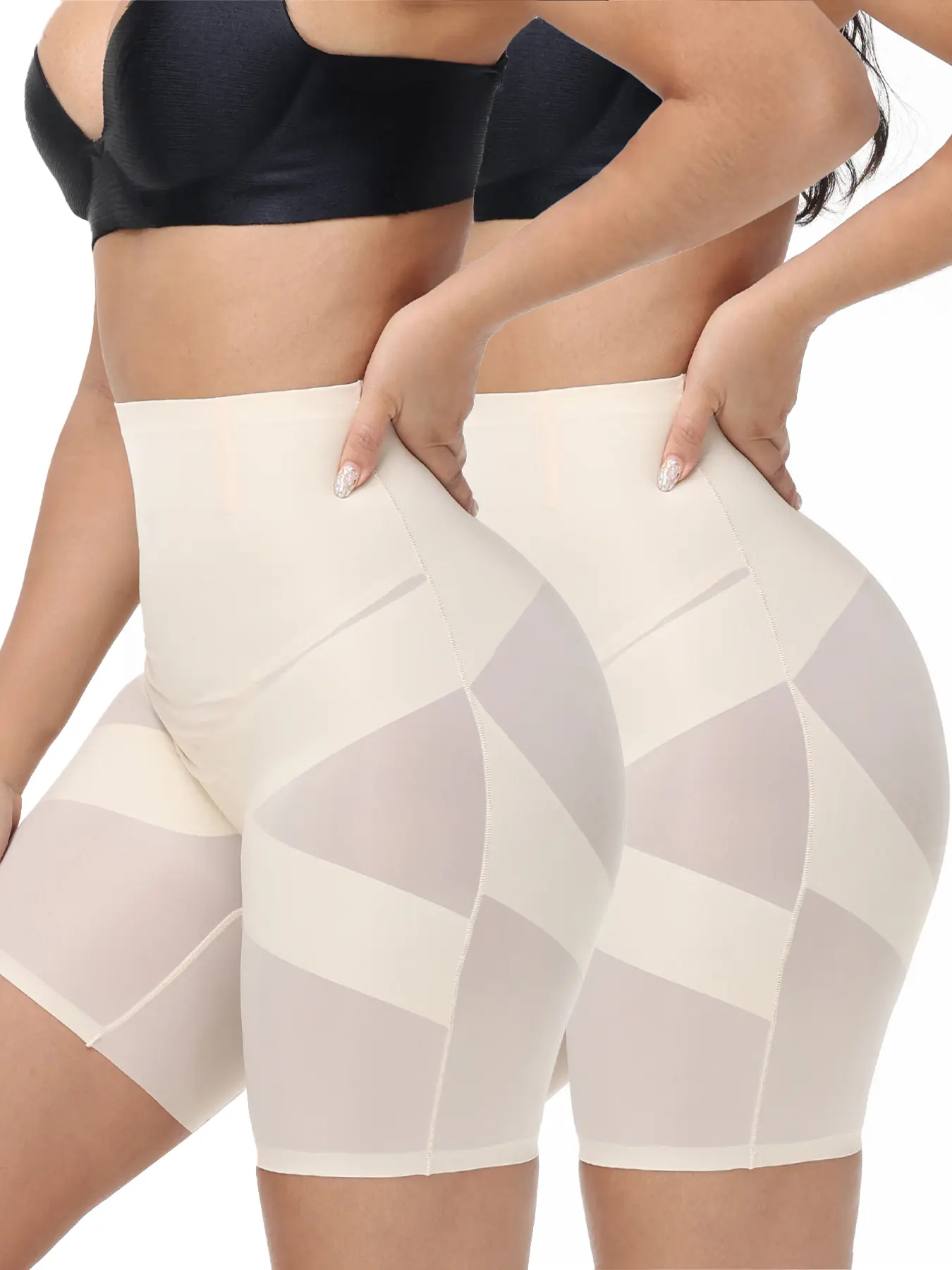 [2 pairs]Women's High Waist Shapewear Pants, Breathable Mesh Knitted Fabric, Cross Abdomen Design, Tummy Tuck Compression, Postpartum Recovery Support, Seamless Fit, Smooth