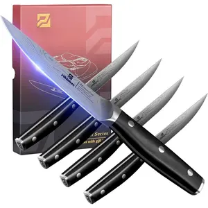 Steak  Set of 4, 4.6 Inch Non Serrated Dinner , Forged  Steel Damascus  Straight Edge Meat  with Full Tang Handle, Dishwasher Safe, Ideal for