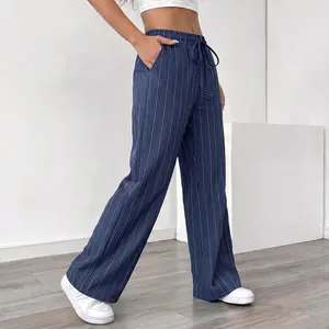 Women’s striped long pants, loose straight-leg casual fit, suitable for office, travel, and everyday fashion wear; breathable and comfortable.
