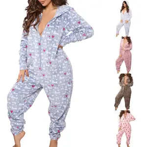Christmas  for Women Fleece Hooded Jumpsuit Zipper Romper Sexy  Pajamas Sleepwear