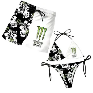 Matching Monster Floral Swimsuits for Couples - Women's Swim Bra & Tie-Side Thong Bikini, Men's Beach Shorts, Summer Vacation Hawaiian Swimwear