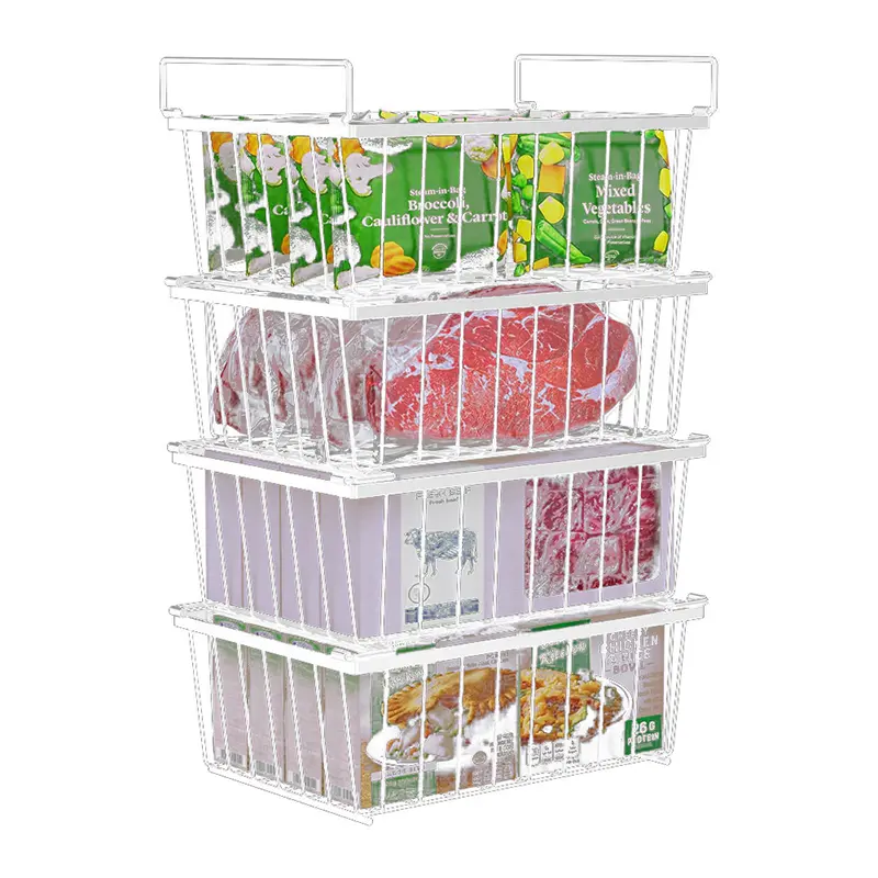 Saker Large-Capacity Stackable Storage Baskets (Set of 4 with Handles) - Heavy-Duty Rust-Resistant Freezer Organizer for Bulk Frozen Meat, Pre-Made Meals; Fits Home Deep Freezers, Garage Shelves