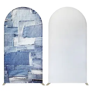 Patchwork Denim Textures Pattern 6.56FT Wedding Arch Cover Spandex Fitted Fabric Round Top Stretchy Photography Backdrop Stand Covers for Wedding Birthday Baby Shower Party Decor Photography