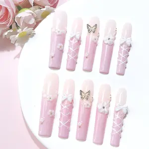 Flower & Bow Decor Fake Nails, Flower Design Nails, 10pcs Long Coffin Press on Nails for Women & Girls DIY Nail Art, Elegant Stick on Nails Kit