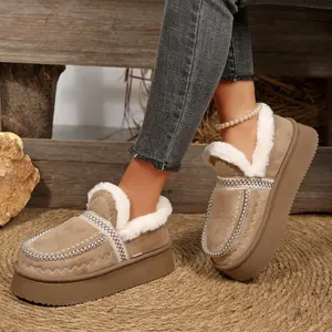 Comfortable Women's Winter Loafers Fuzzy Collar Platform Shoes Stitched Warm Daily Casual Indoor Outdoor Shoes