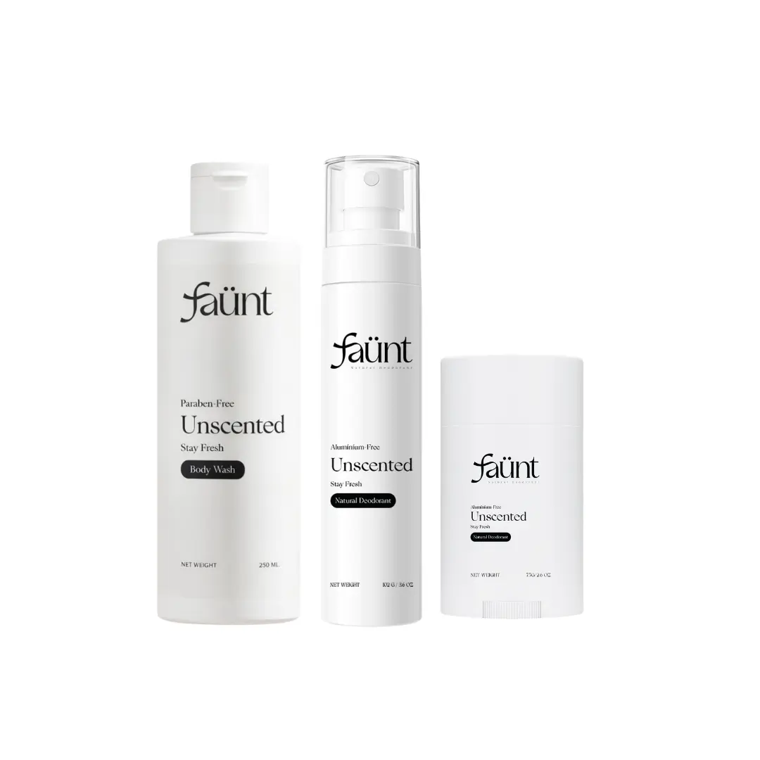 Faunt Complete Whole Body Odor Control Kit - Deo Stick, Deodorant Spray & Acidified Body Wash for Women | Complete Odor Protection for Pits, Privates & More