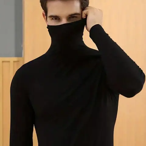 Men's Solid Slim Fit Long Sleeve Knitted Turtleneck Thermal Underwear Top, Casual Comfy Base Layer T-Shirt for Spring & Fall, Men's Clothes for Daily Wear, Thermal Menswear