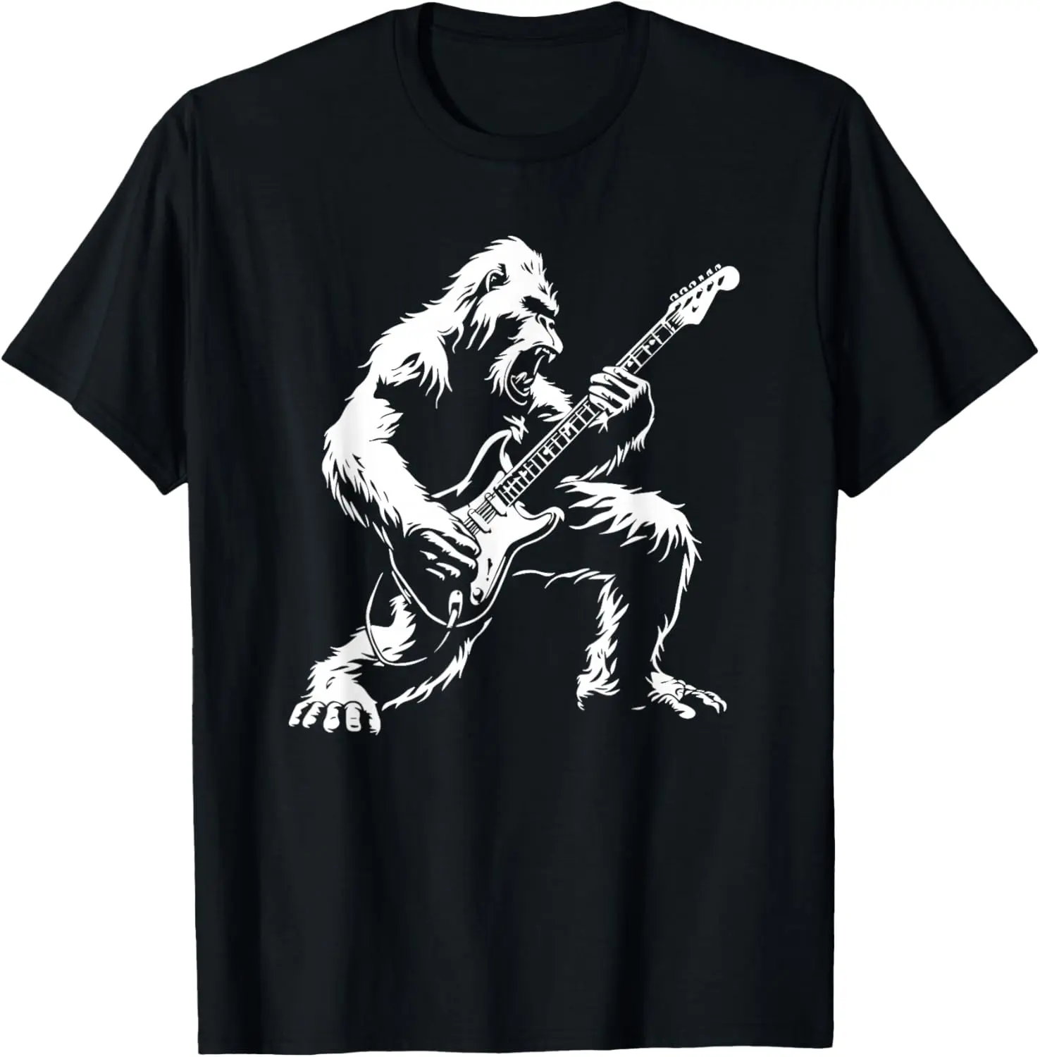 Bigfoot Playing Guitar Rock Music Band Sasquatch T-Shirt Pure Cotton Graphic Tees Menswear Top: Gifts for Men & Women Sleeves Natural