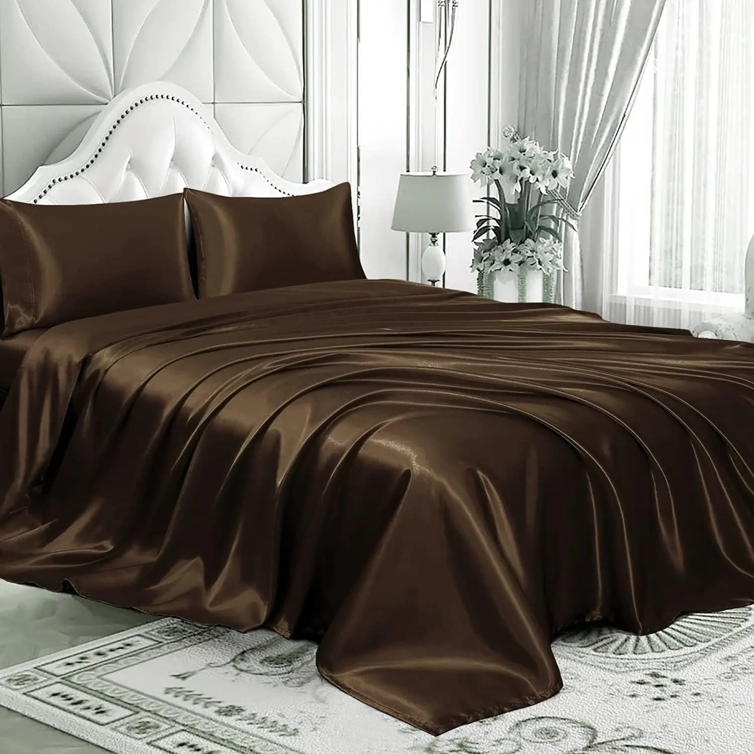 Silk Sheets Twin - 4 Piece Bed Set 16 Inches Cooling & Wrinkle-Free Moisture-Wicking & Breathable for Hair & Skin - Chocolate