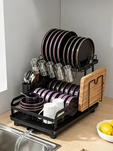 Double-layer black dish drying rack for kitchen countertops. Large-capacity draining rack with a drainboard and foldable design, effectively saving space and efficiently organizing plates. Foldable | Durable kitchen utensil, ideal Mother's Day gift.
