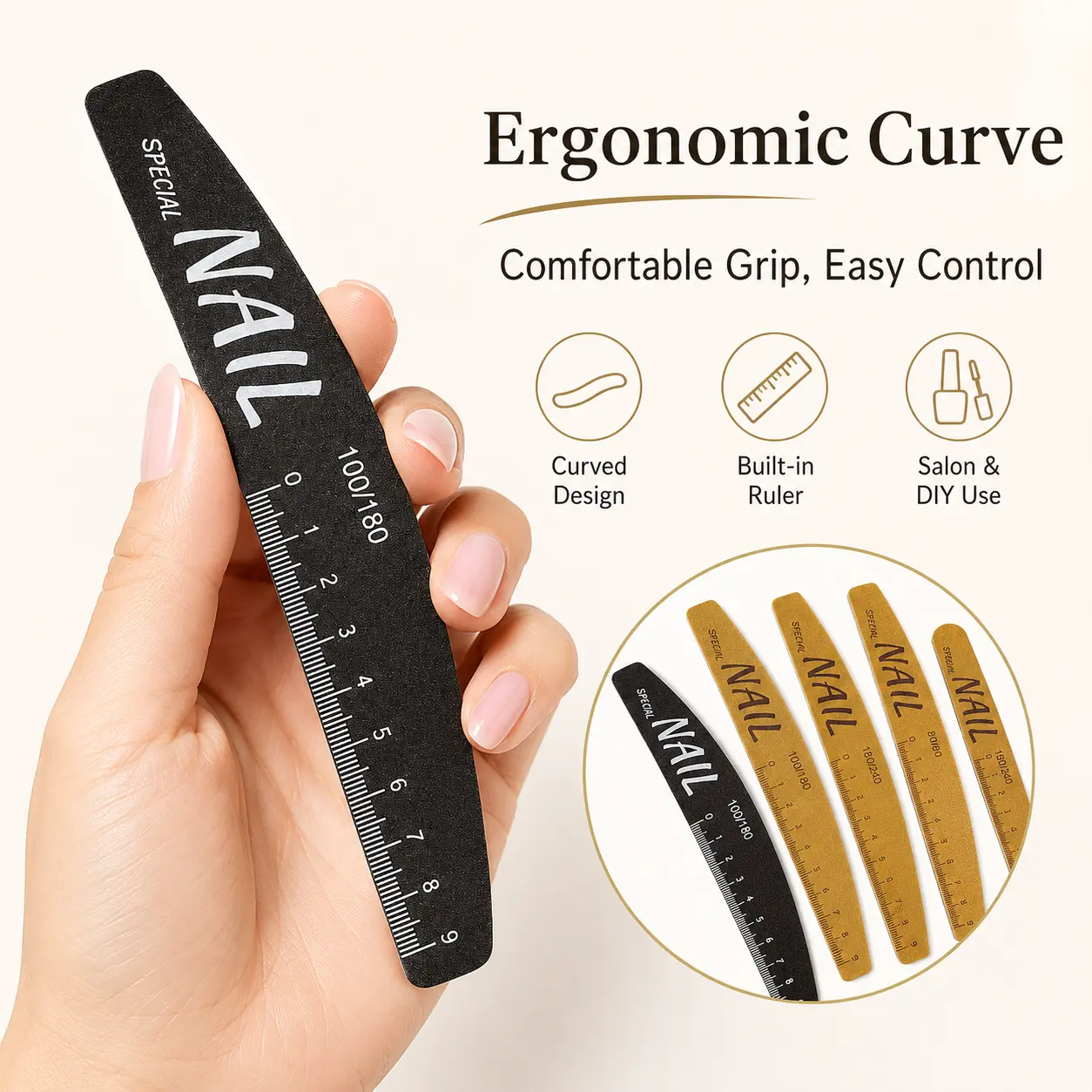 18cm Washable Nail File with Ruler & Guide, Double-Sided Fine Grit Gentle Professional Cosmetic Set, Easy-Cleaning Youth Tool for Acrylic & Natural Nails (Home/Salon Cuticle Trimming & Polishing), Nail Care, Smoothing