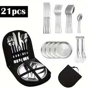21-Piece Stainless Steel Camping Tableware Set Portable Durable Outdoor Picnic Utensils with Plates Forks Spoons for Hiking Backpacking and Camping Adventures Perfect for Travel and Outdoor Meals
