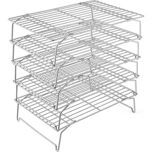 Cooling Rack, 5-Tier Stainless Steel Stackable Baking Cooking Racks for Cooling Roasting Grilling, Collapsible & Heavy Duty, Oven Safe & Easy Clean, 15" x 10", Silver