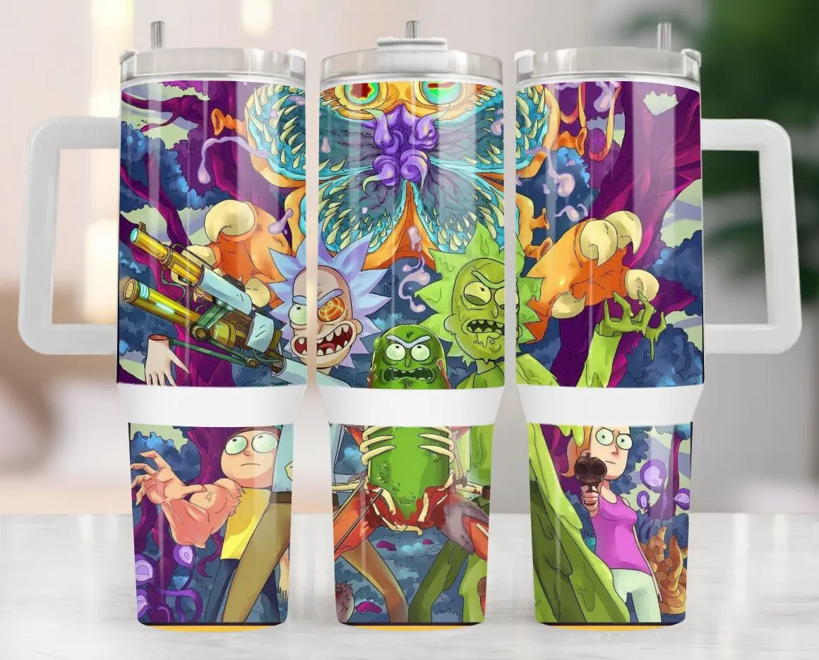 Rick and Morty Action 40oz Tumbler, Pickle Rick & Mutant Arm Travel Mug, Sci-Fi Cartoon White Handle Cup