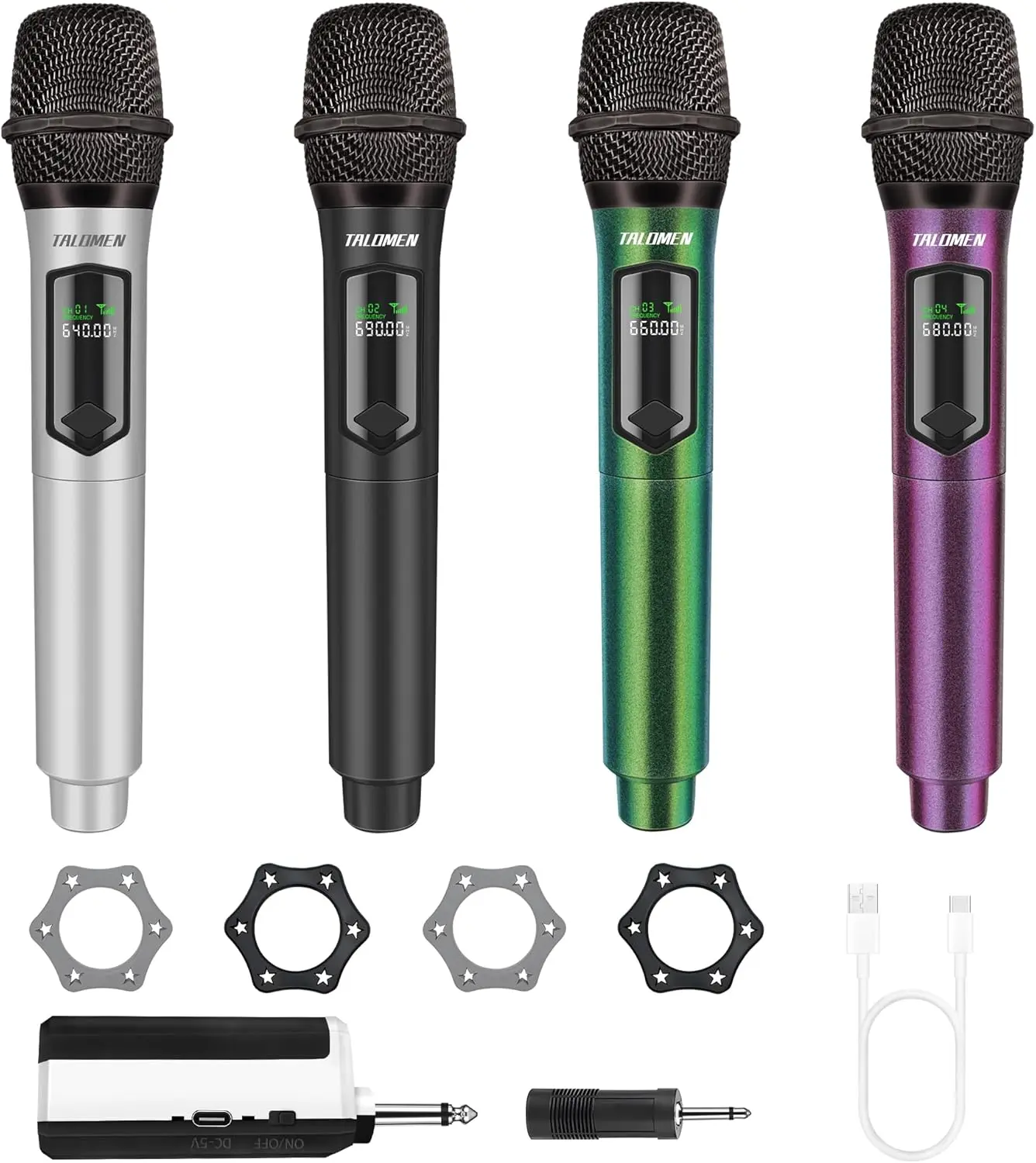 Talomen 4-Pack Rechargeable Wireless Handheld Microphone Set with Receiver & Batteries for Karaoke, Events