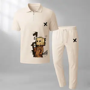 Men's Print Two-Piece Set, Including A Short-Sleeved Zippered Polo Shirt And Drawstring Trousers; A Waffle-Textured Casual Summer Outfit.