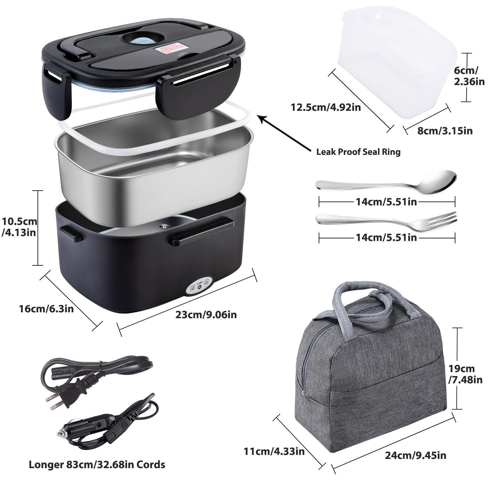 Square Electric Lunch Box Nifogo 80W 1.8L Stainless Steel Portable Heated Food Container Display Screen 12V 24V 110V Car Truck Black