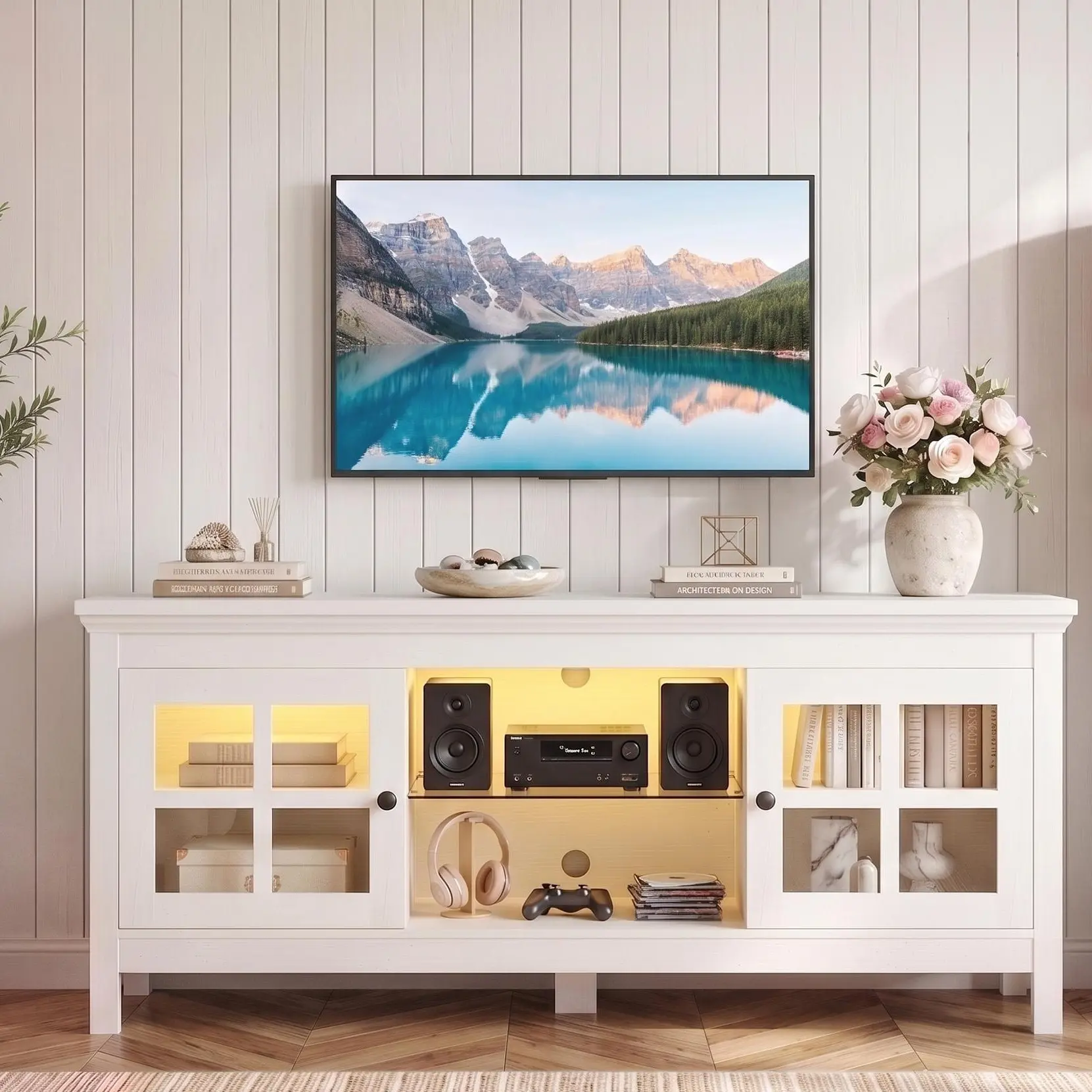 Armocity TV Stand Wood Storage cabinet with Charging Station LED Lighted for Living Room Bedroom Entryway