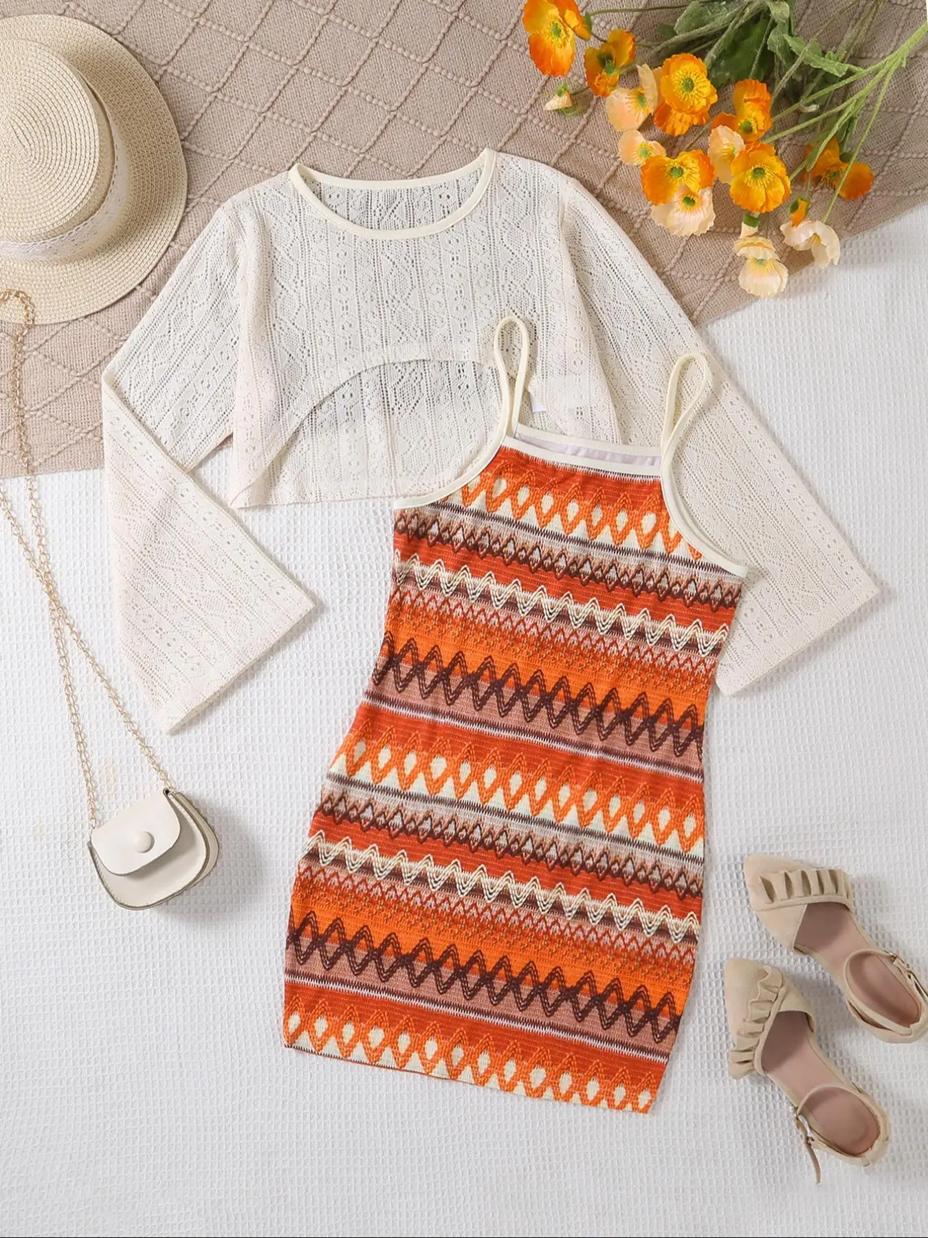 Girl's Solid Crop Top & Random Print Cami Dress Two-Piece Set, Casual Fashion Cozy Knitwear for Daily Outdoor Wear, Kids Clothing for Summer