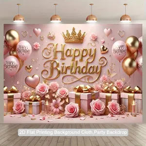 Luxurious Pink & Gold Birthday Backdrop 100% Polyester Soft Fade Resistant Photography Banner with Roses Balloons Gifts Crown Happy Birthday Text for Indoor Outdoor Celebrations Photo Booths Home Decor Ornaments