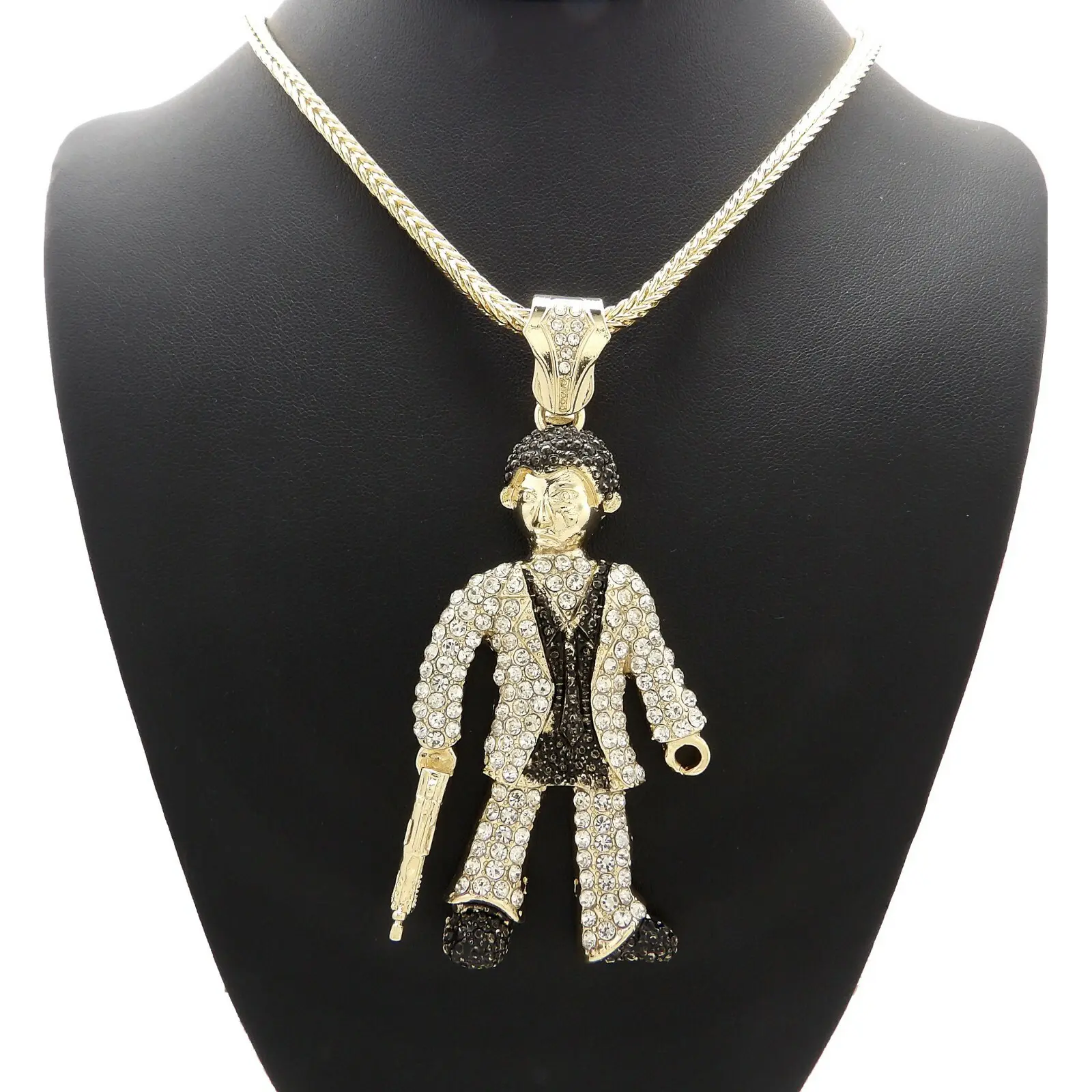 MaxBling81 Men's Large CZ Gangster Gunman Diamond-Like Charm Pendant with 4mm Franco Chain Necklace (20"-36" Lengths), Hip Hop Halloween Costume Jewelry, Fashion Pendants, Diamond-Like Charms & Pendants